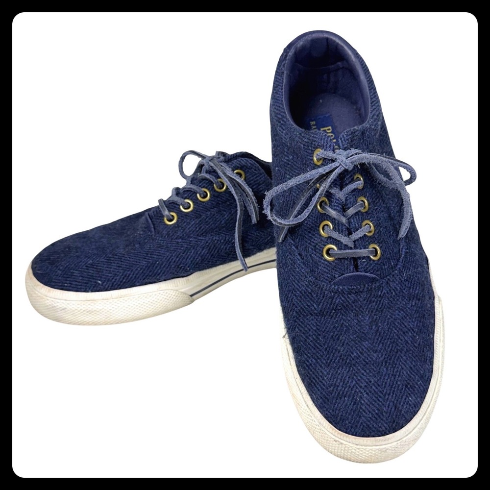 Polo Ralph Lauren Wool Herringbone Shoes Men 8.5 Navy Blue Low Top Deck Sneaker